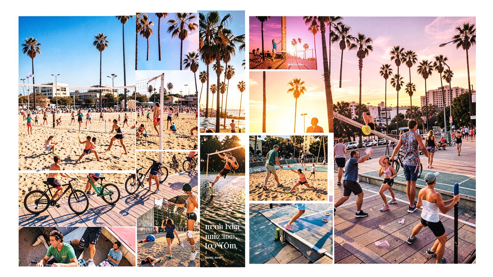 Collage of Los Angeles activities — beach volleyball, boardwalk bikes and pickleball at sunset