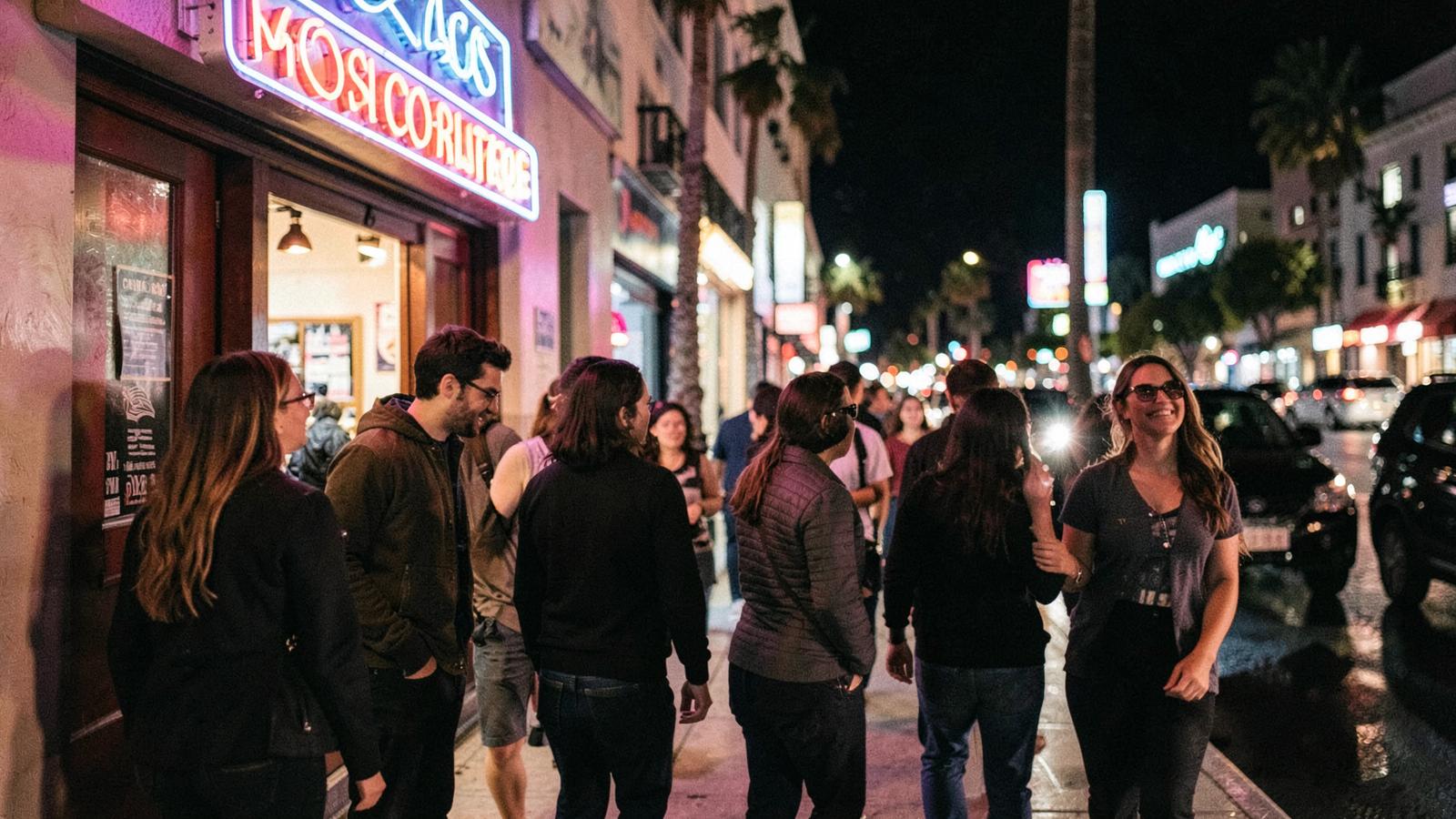Group of friends heading into a neon-lit bar in Los Angeles at night