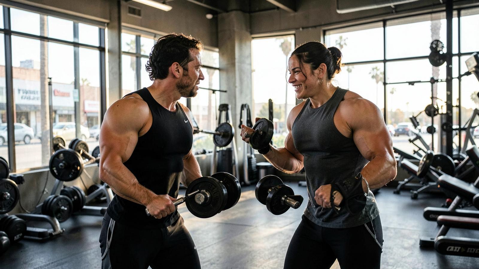 Two workout buddies training with dumbbells in a Los Angeles gym
