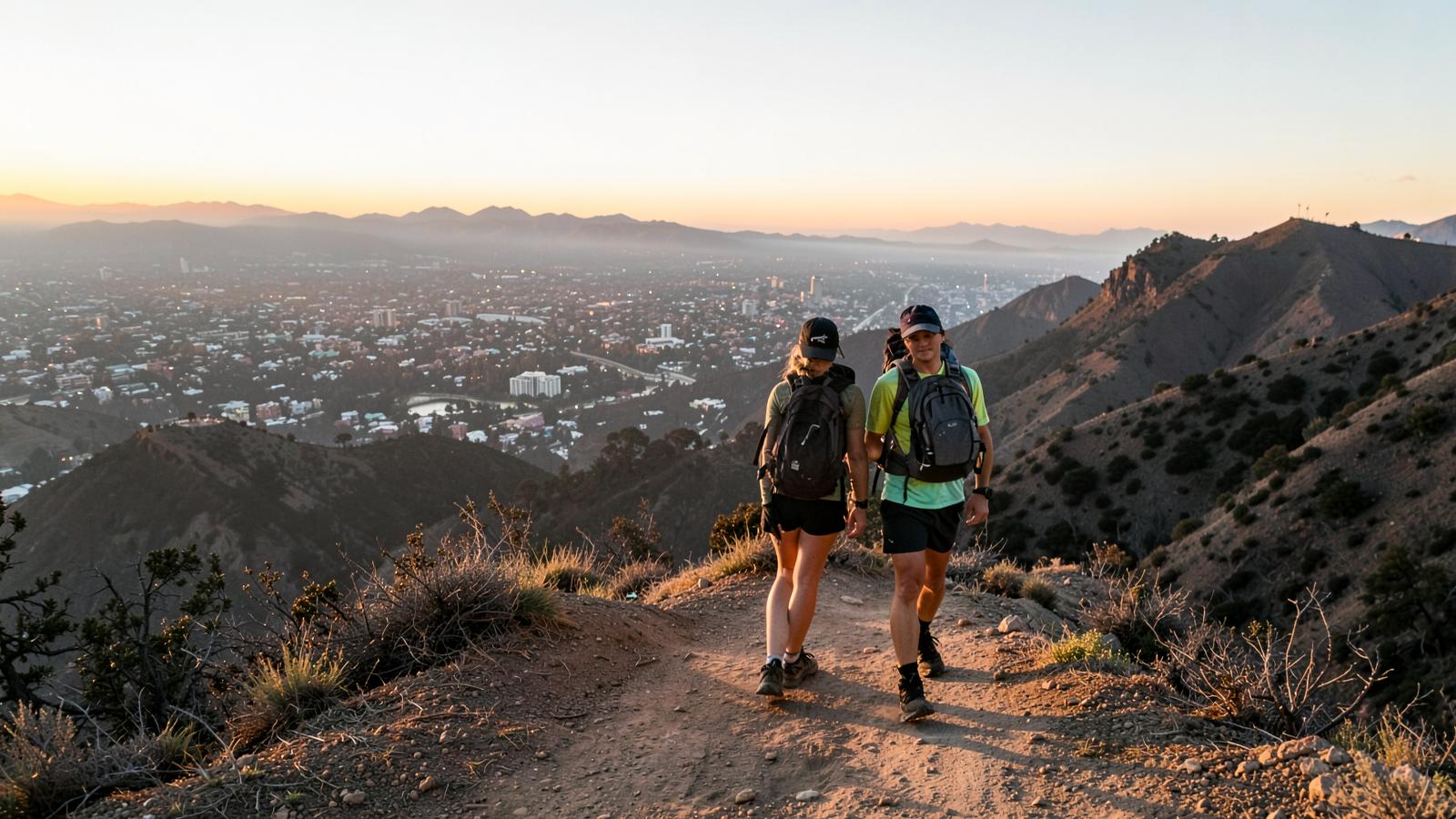 Two hiking buddies on a ridge trail above Los Angeles at sunrise