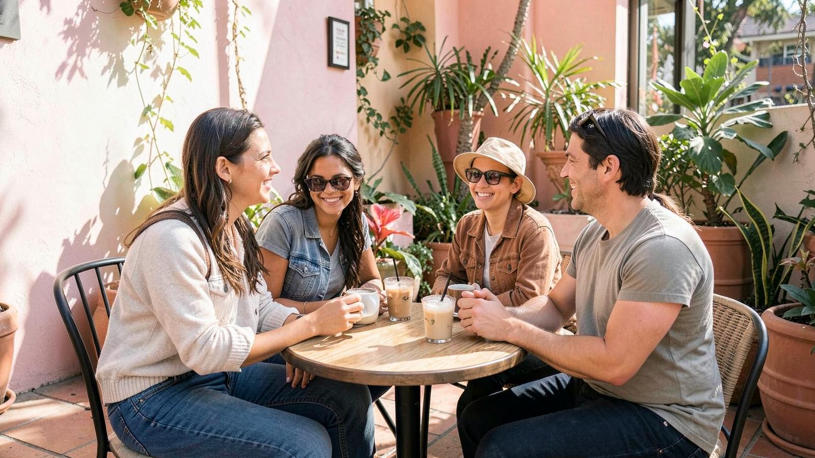 New friends meeting over coffee on a sunny Los Angeles cafe patio
